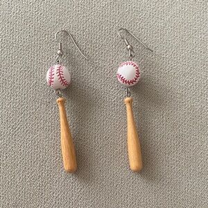 Baseball & Bat Dangle Earrings - White & red baseballs w/ Wood bats